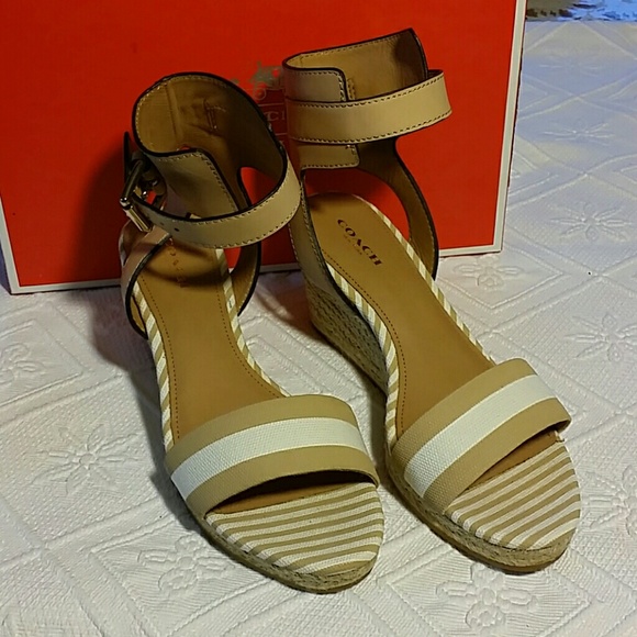 Coach new ankle strap wedges espadrilles natural beige size 7.5 - Picture 2 of 4